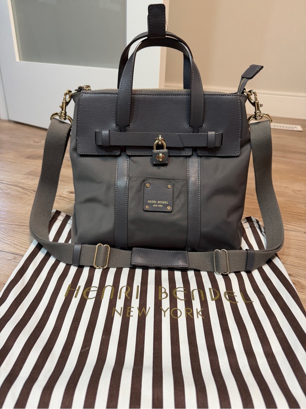Henri Bendel Jetsetter Nylon & Leather Top-Handle Messenger Bag in Grey